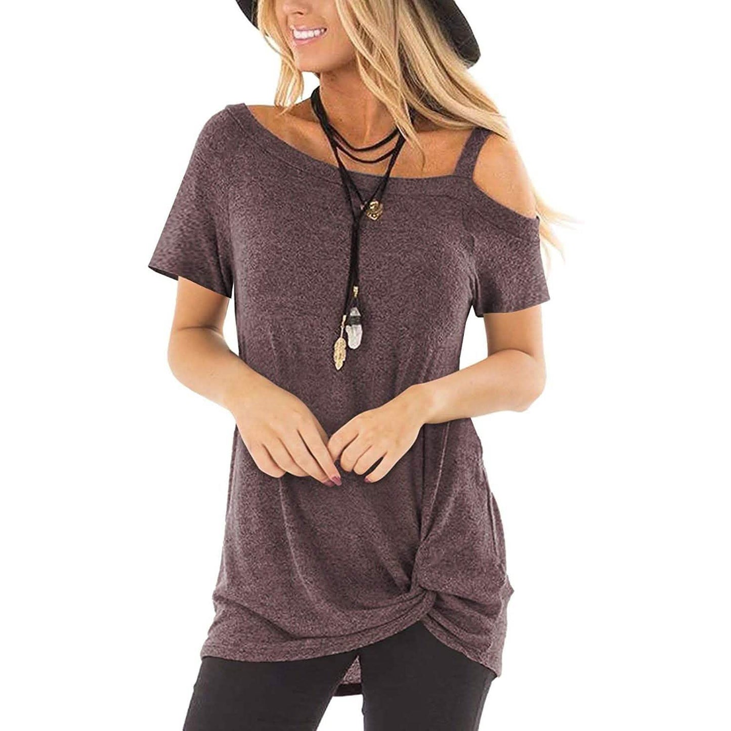 Damen Cold Shoulder Tops Sommer Kurzarm Lässig Twist Knot Bluse T-Shirt