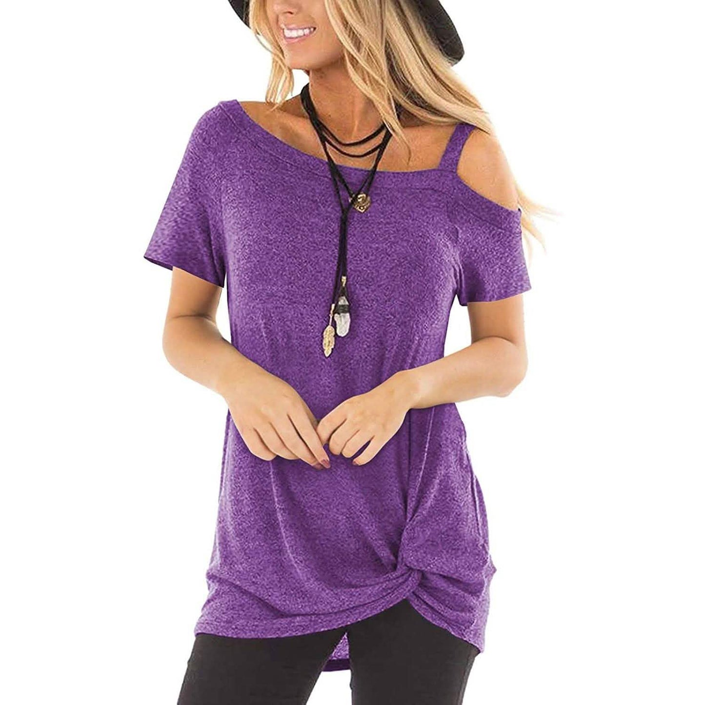 Damen Cold Shoulder Tops Sommer Kurzarm Lässig Twist Knot Bluse T-Shirt