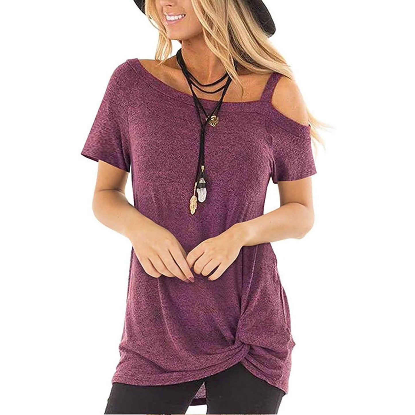 Damen Cold Shoulder Tops Sommer Kurzarm Lässig Twist Knot Bluse T-Shirt