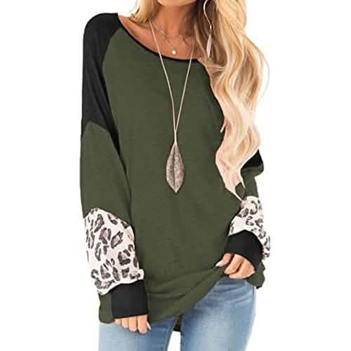 Damen Color Block Pullover Sweatshirt mit Leopardenmuster
