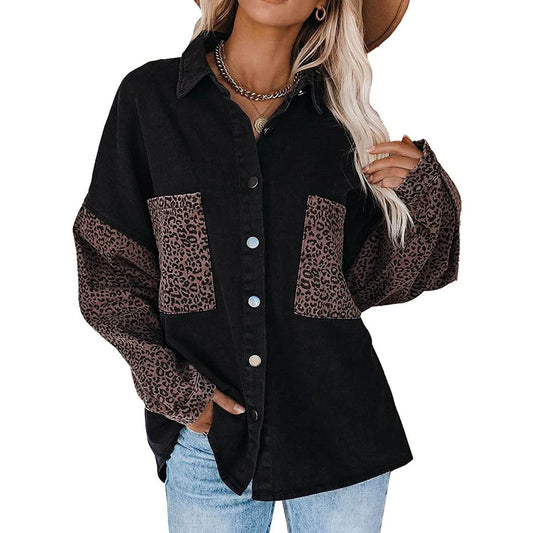 Damen Jeansjacke mit Kontrast-Leopardenmuster, langärmelig, zum Knöpfen