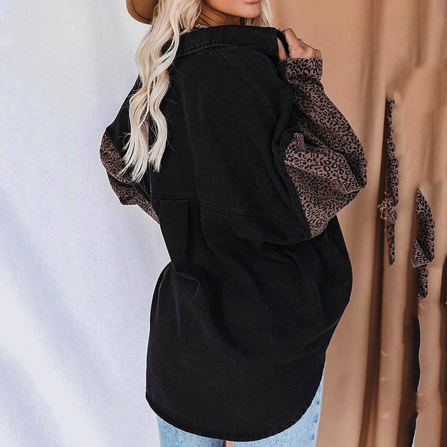 Damen Jeansjacke mit Kontrast-Leopardenmuster, langärmelig, zum Knöpfen
