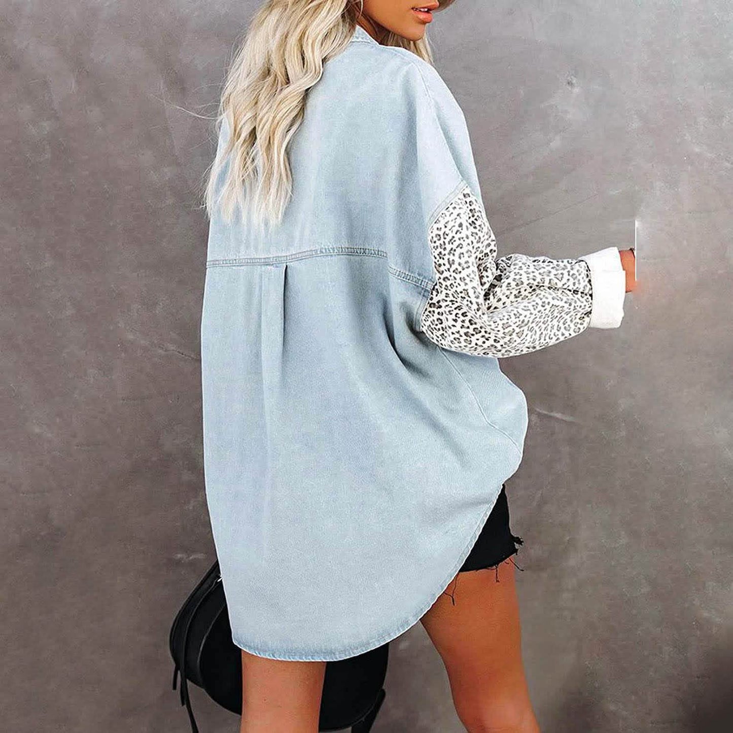 Damen Jeansjacke mit Kontrast-Leopardenmuster, langärmelig, zum Knöpfen