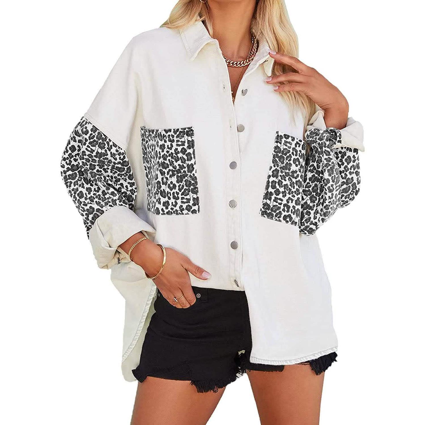 Damen Jeansjacke mit Kontrast-Leopardenmuster, langärmelig, zum Knöpfen