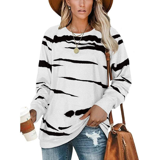 Damen Rundhals Langarm Sweatshirts Gestreifte Freizeit-Oberteile Bedruckte Lose Pullover Shirts