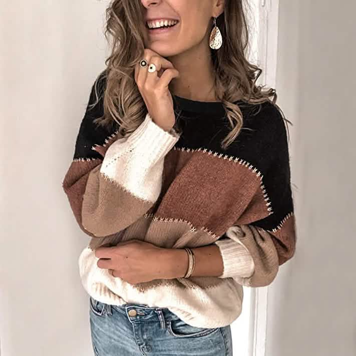 Damen Crewneck Patchwork Pullover Strickpullover Oberteil