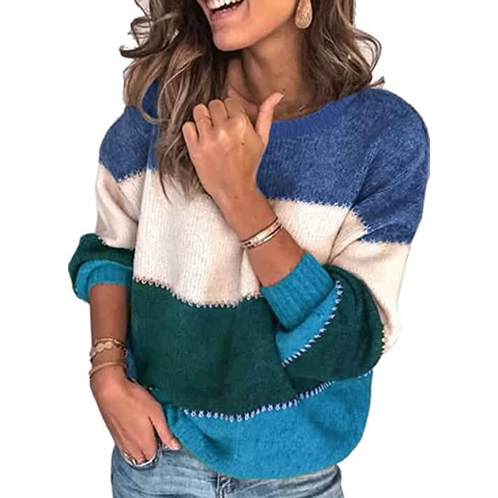 Damen Crewneck Patchwork Pullover Strickpullover Oberteil