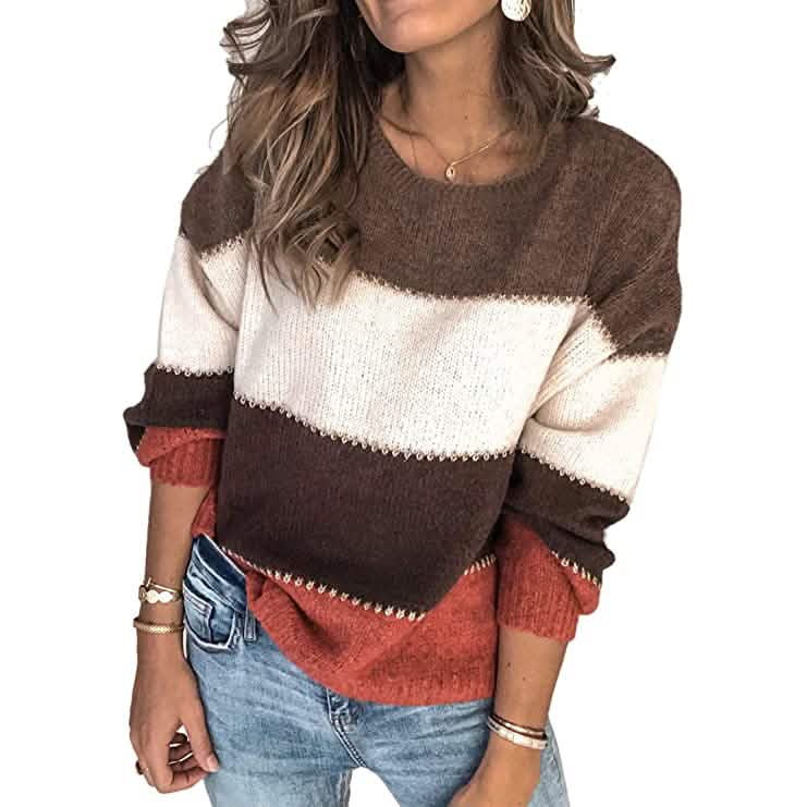 Damen Crewneck Patchwork Pullover Strickpullover Oberteil
