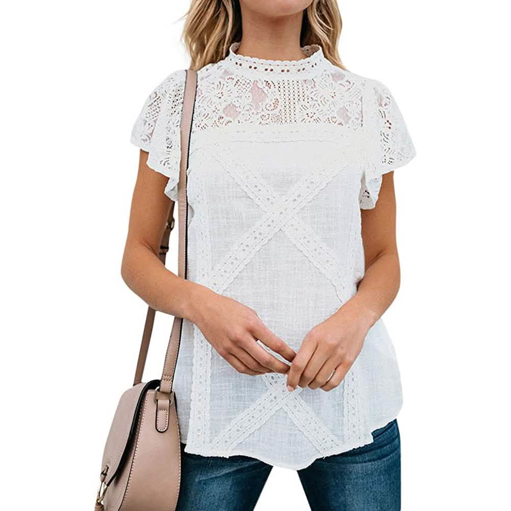 Damen Süßes Spitzen-Shirt Oberteil T-Shirt