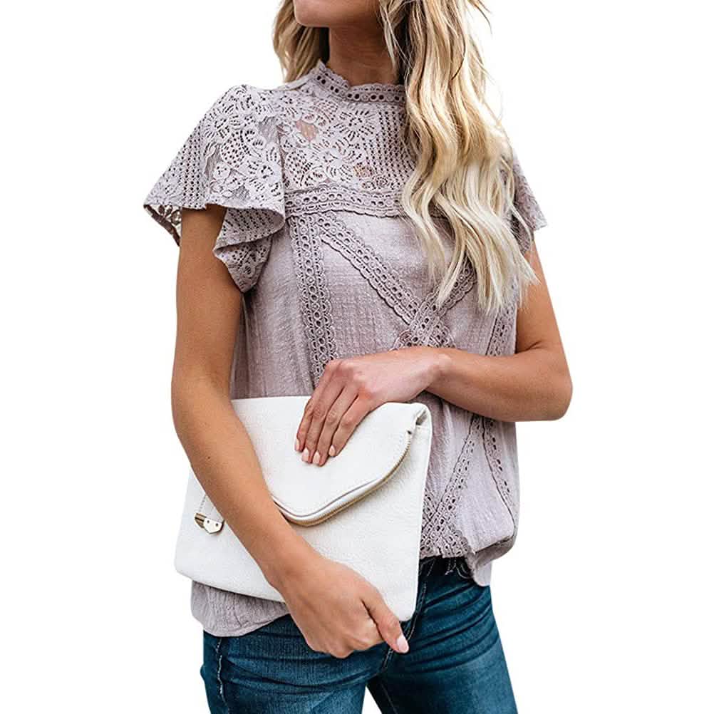 Damen Süßes Spitzen-Shirt Oberteil T-Shirt