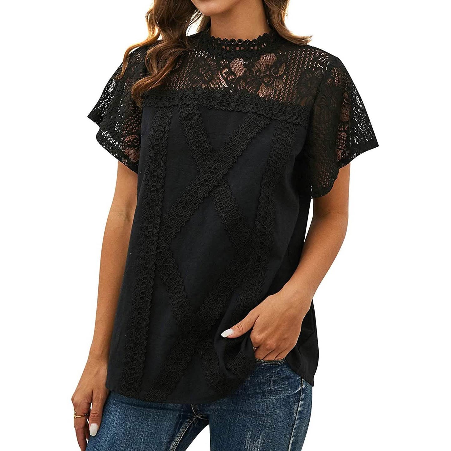 Damen Süßes Spitzen-Shirt Oberteil T-Shirt