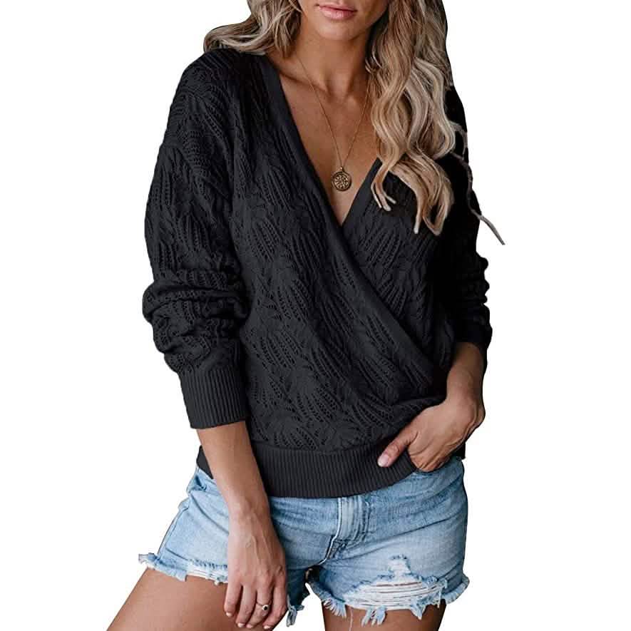 Damen Pullover mit tiefem V-Ausschnitt, langärmelig, gehäkelt