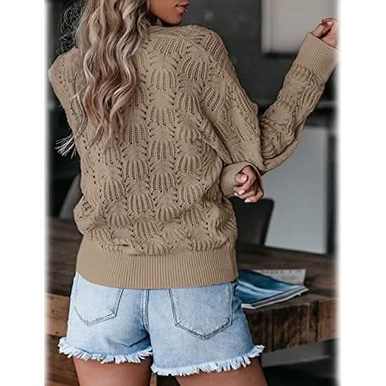 Damen Pullover mit tiefem V-Ausschnitt, langärmelig, gehäkelt