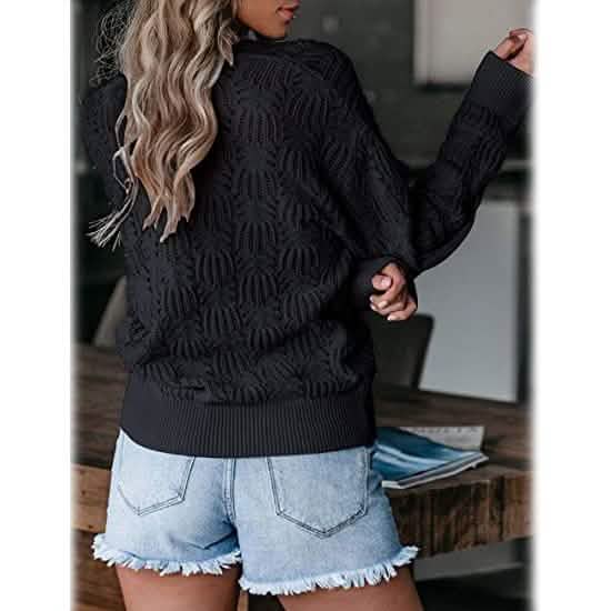 Damen Pullover mit tiefem V-Ausschnitt, langärmelig, gehäkelt