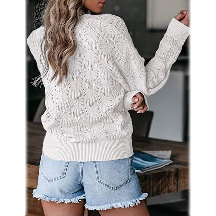 Damen Pullover mit tiefem V-Ausschnitt, langärmelig, gehäkelt