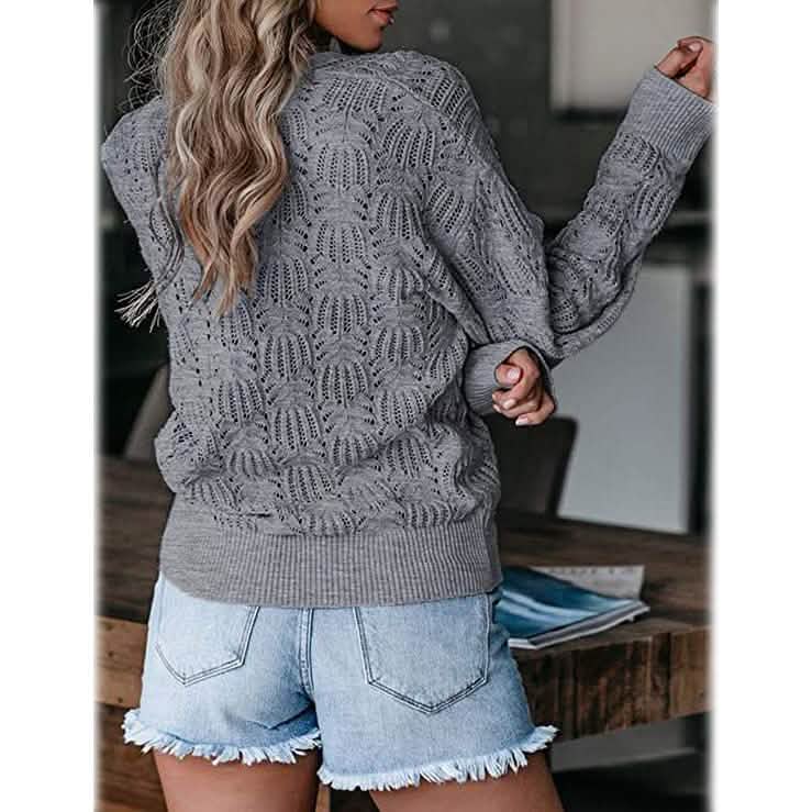 Damen Pullover mit tiefem V-Ausschnitt, langärmelig, gehäkelt