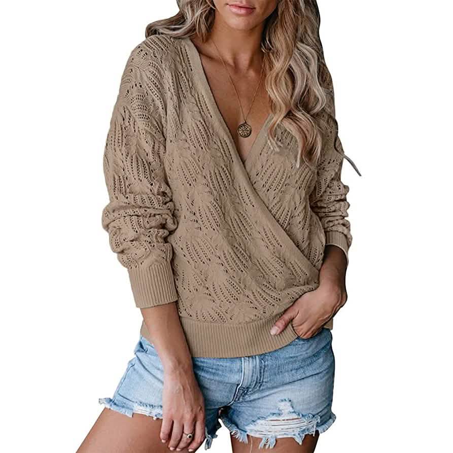 Damen Pullover mit tiefem V-Ausschnitt, langärmelig, gehäkelt