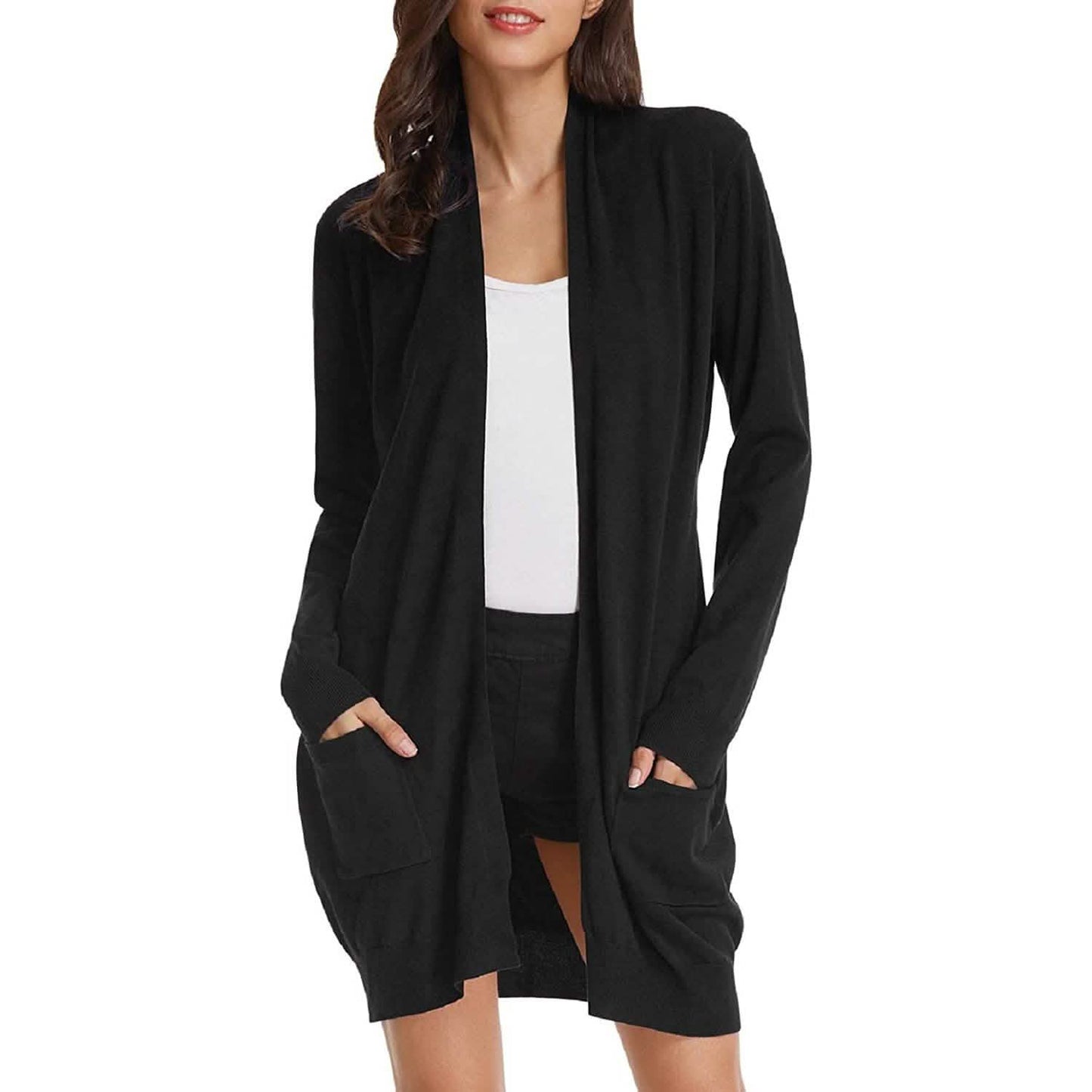 Damen Basic Unifarben Offene Lange Strickjacke