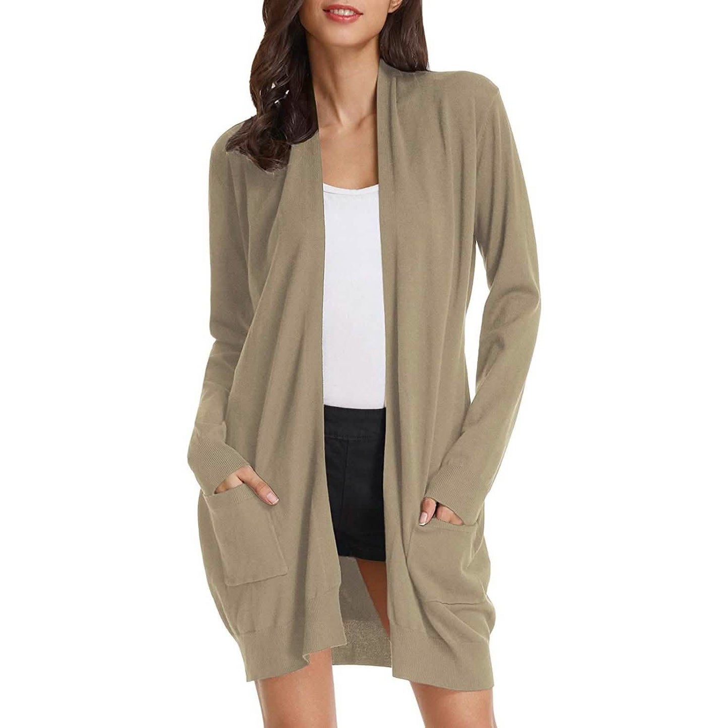 Damen Basic Unifarben Offene Lange Strickjacke