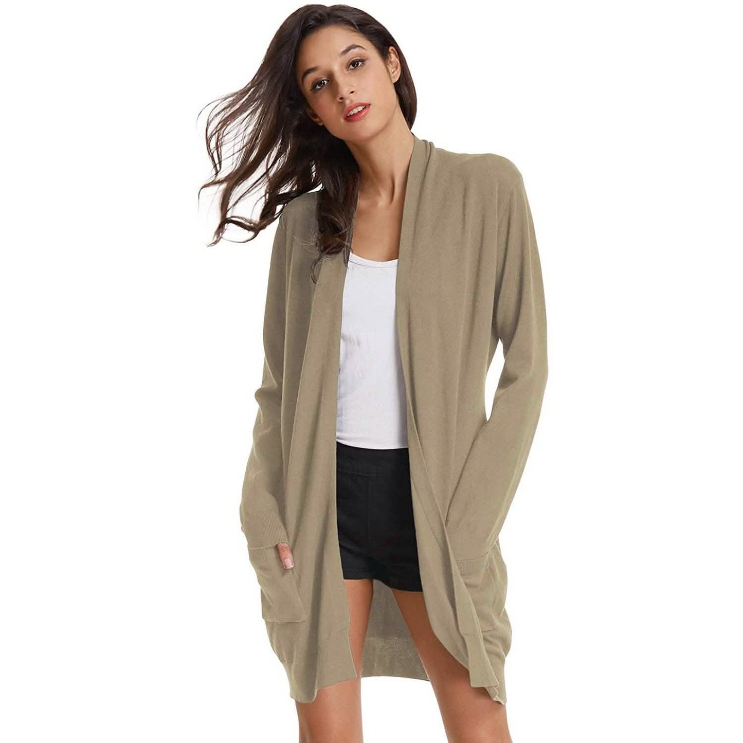 Damen Basic Unifarben Offene Lange Strickjacke