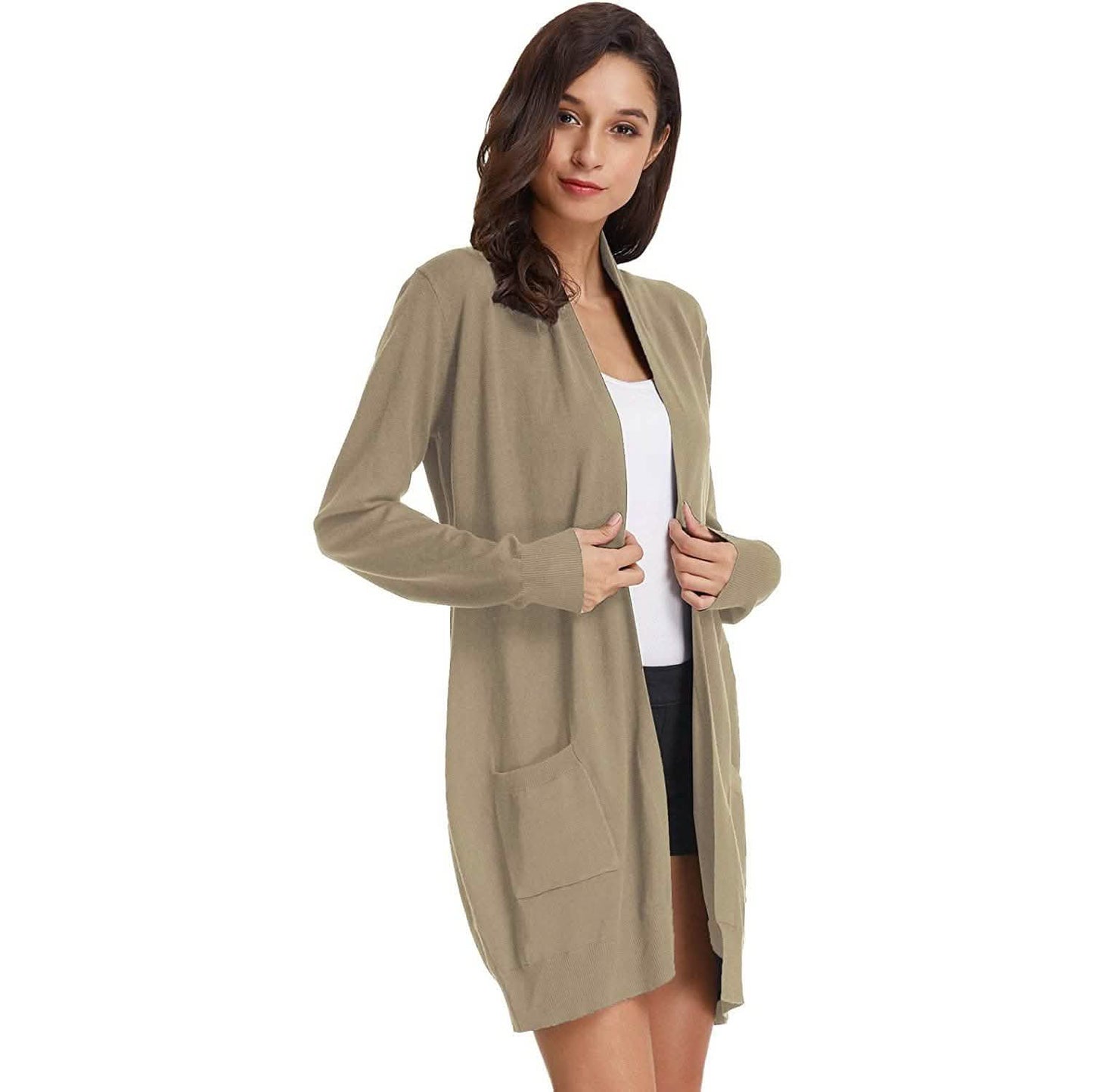 Damen Basic Unifarben Offene Lange Strickjacke