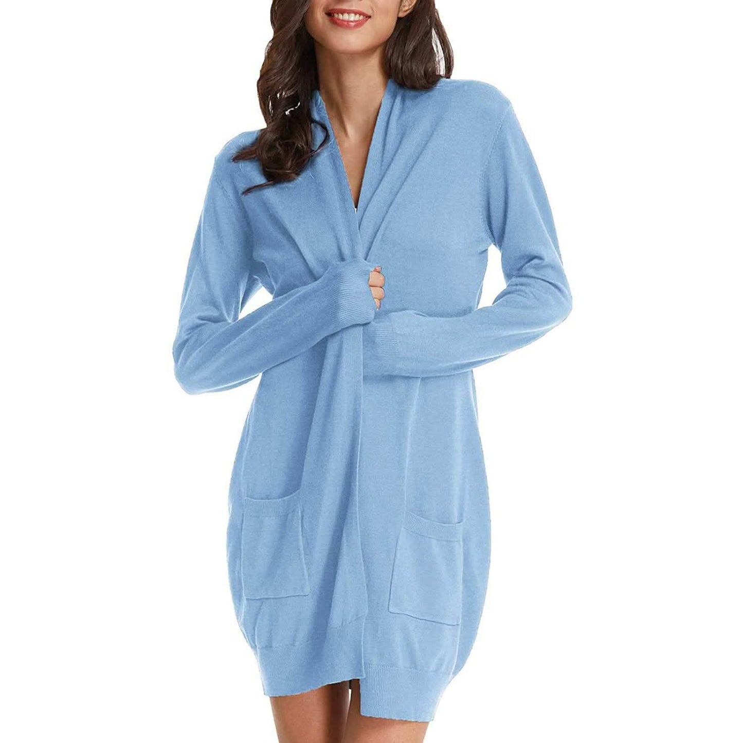 Damen Basic Unifarben Offene Lange Strickjacke