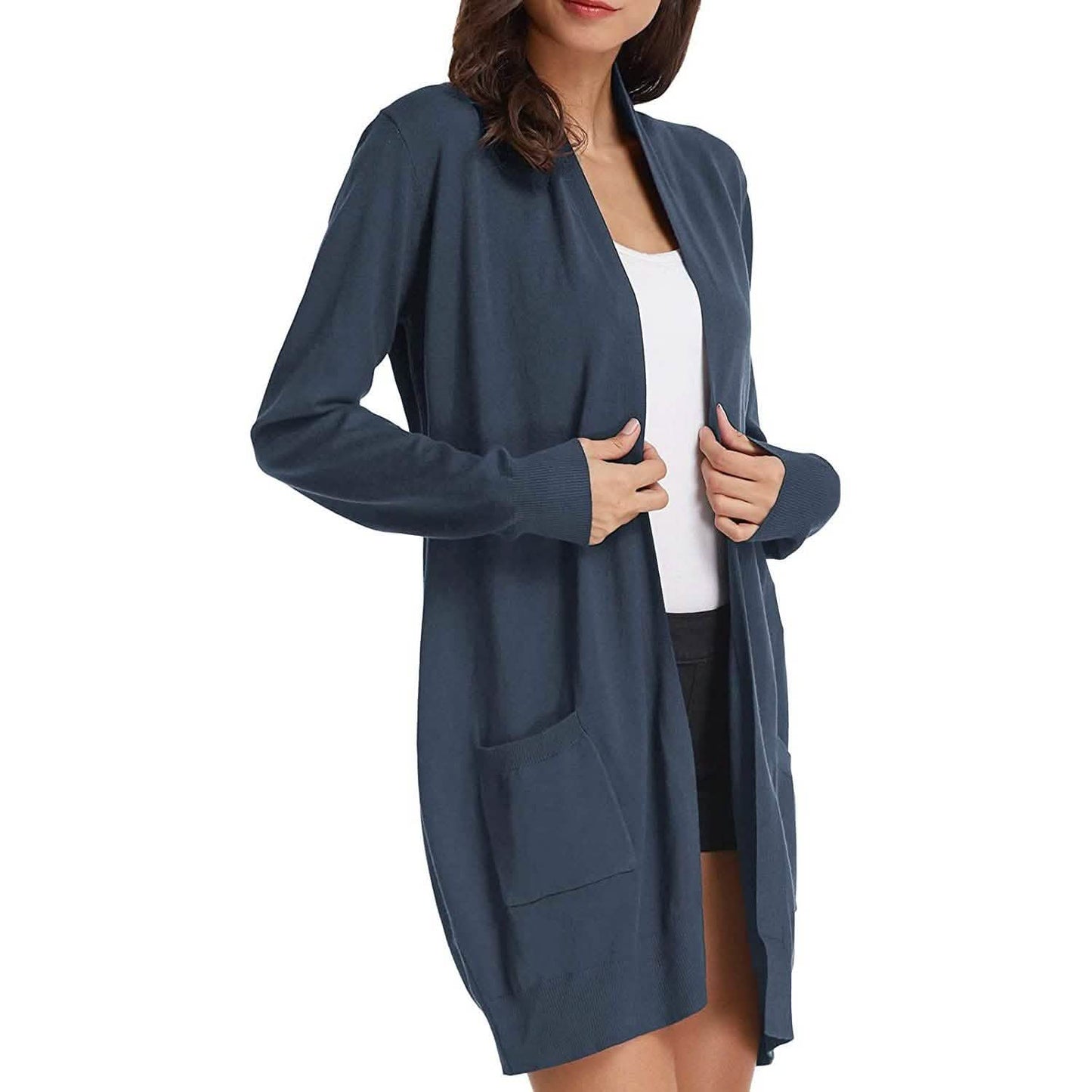 Damen Basic Unifarben Offene Lange Strickjacke