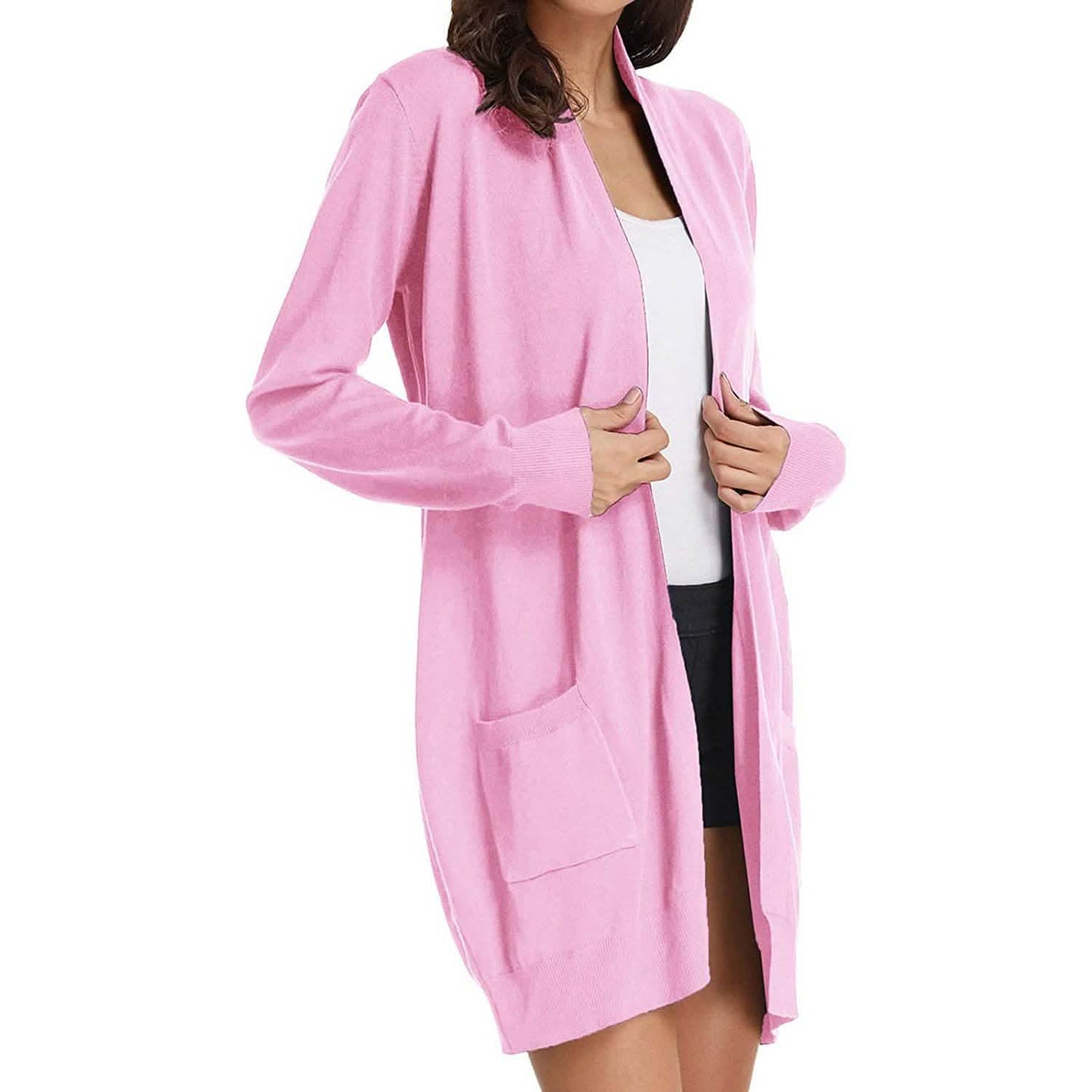Damen Basic Unifarben Offene Lange Strickjacke