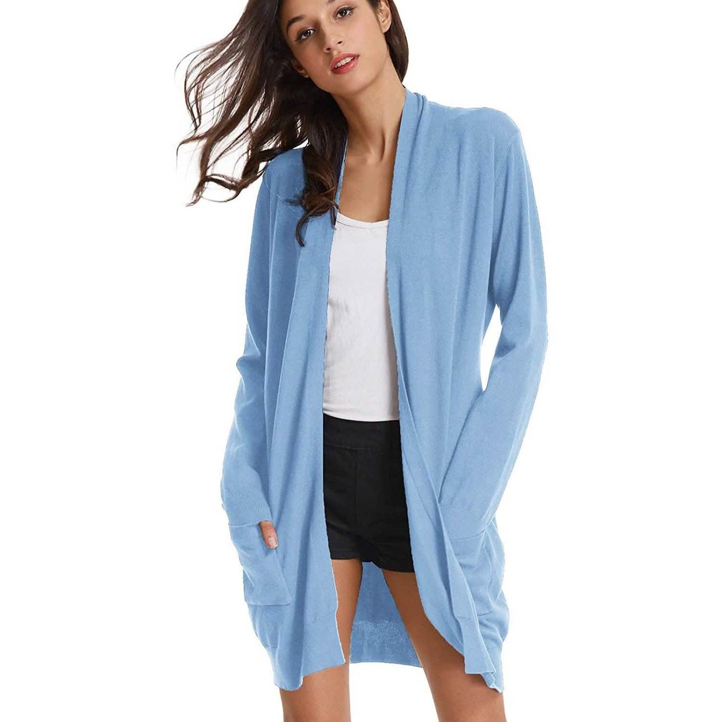 Damen Basic Unifarben Offene Lange Strickjacke