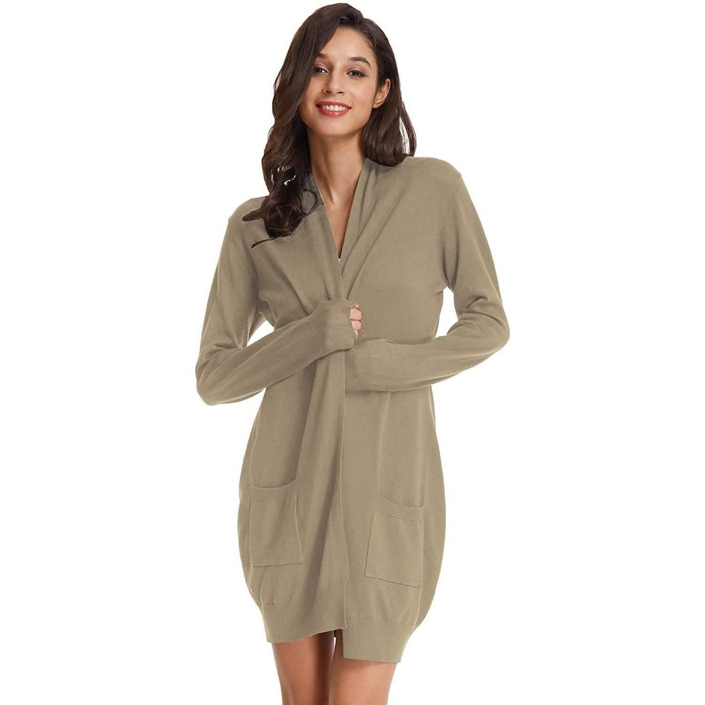 Damen Basic Unifarben Offene Lange Strickjacke