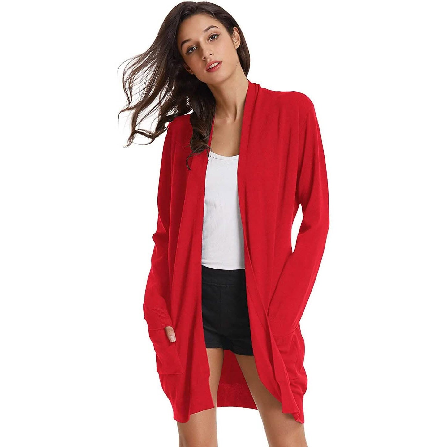 Damen Basic Unifarben Offene Lange Strickjacke