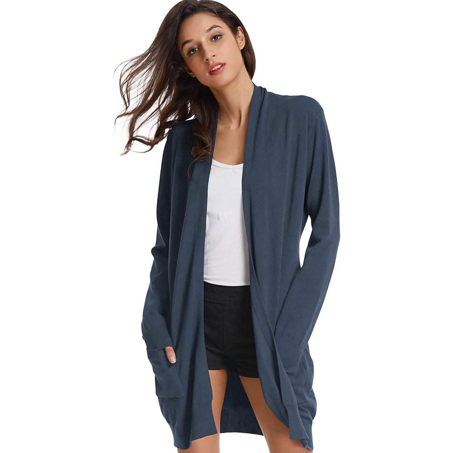 Damen Basic Unifarben Offene Lange Strickjacke