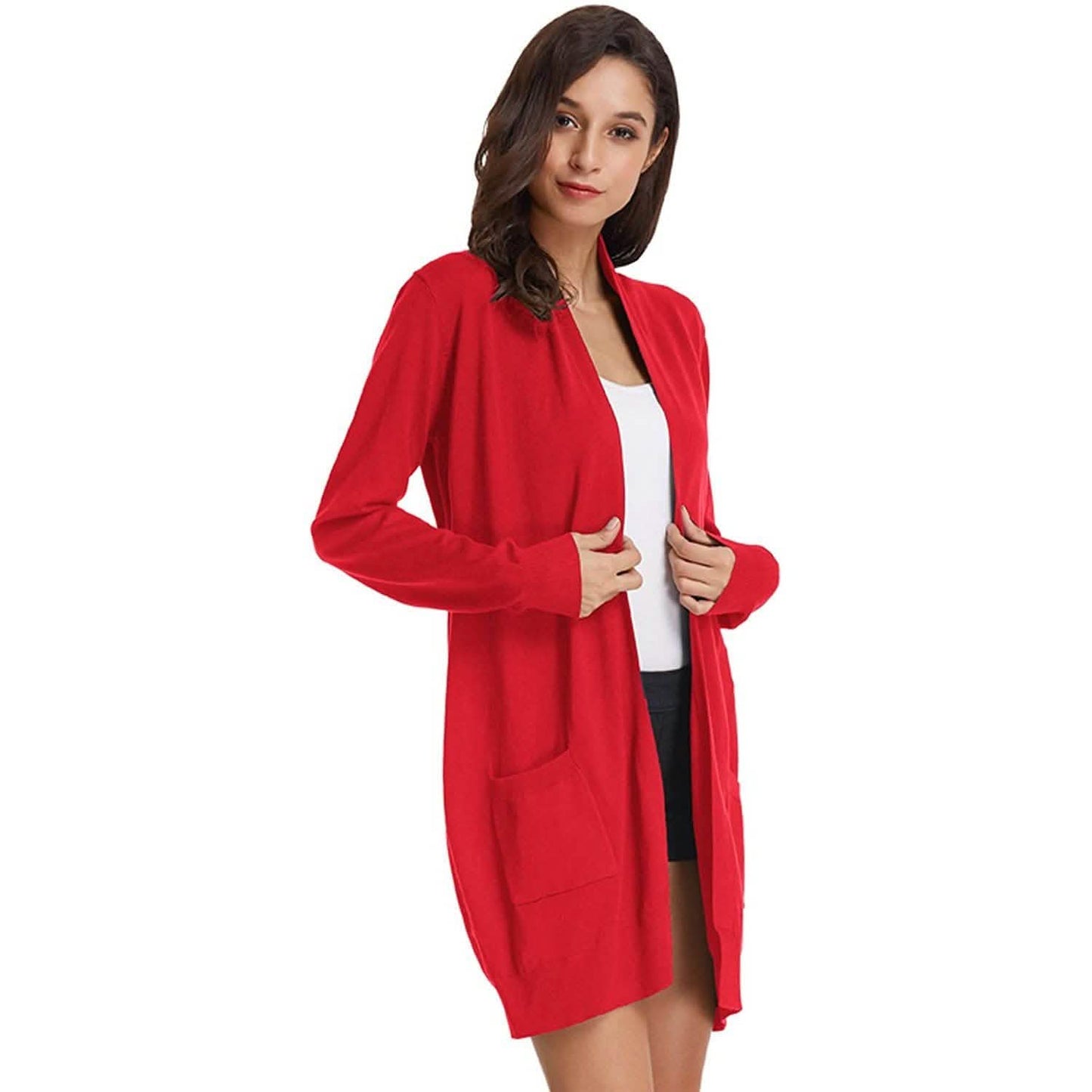 Damen Basic Unifarben Offene Lange Strickjacke