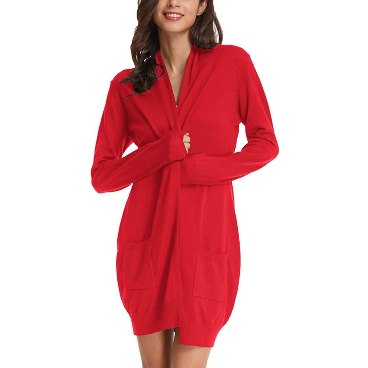 Damen Basic Unifarben Offene Lange Strickjacke