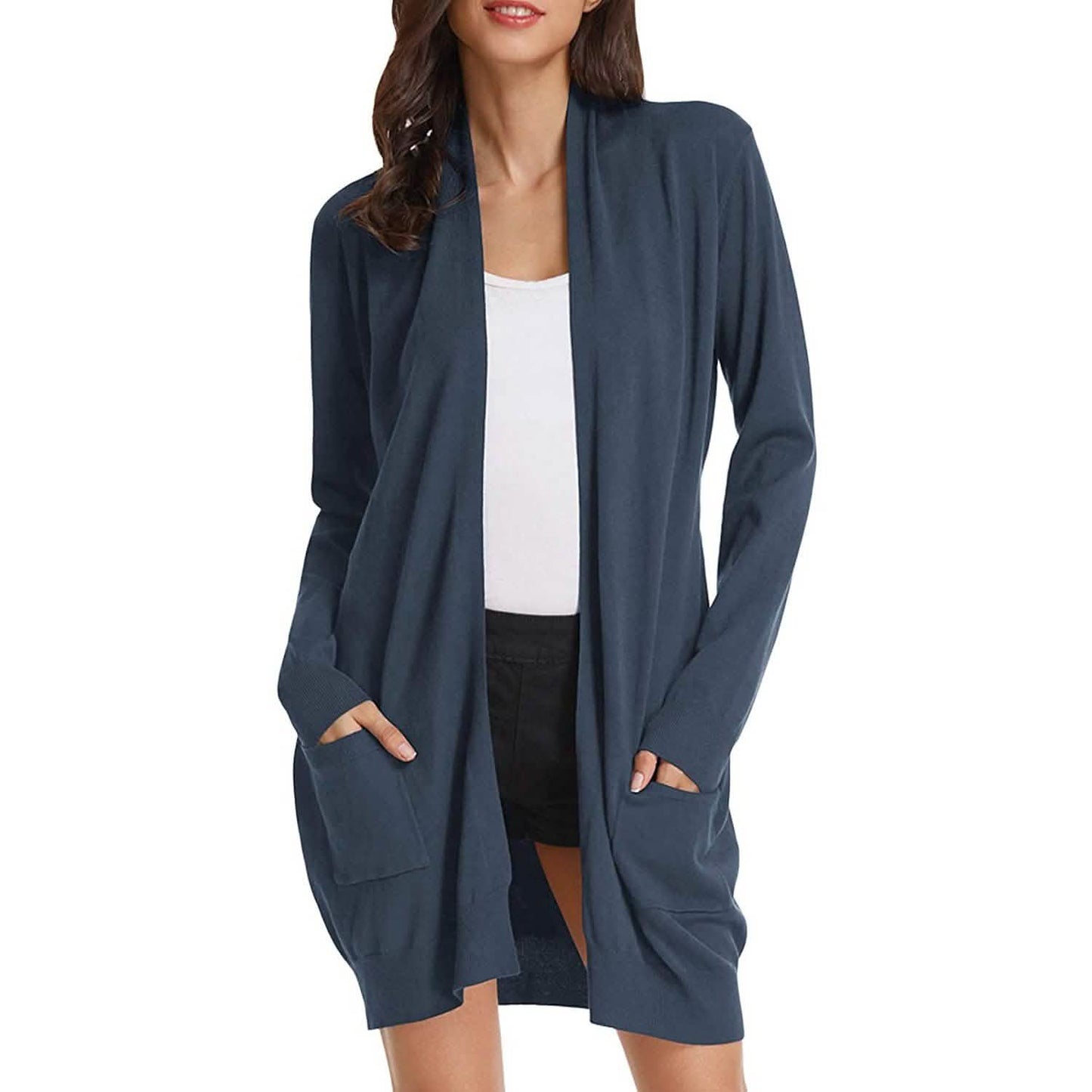 Damen Basic Unifarben Offene Lange Strickjacke