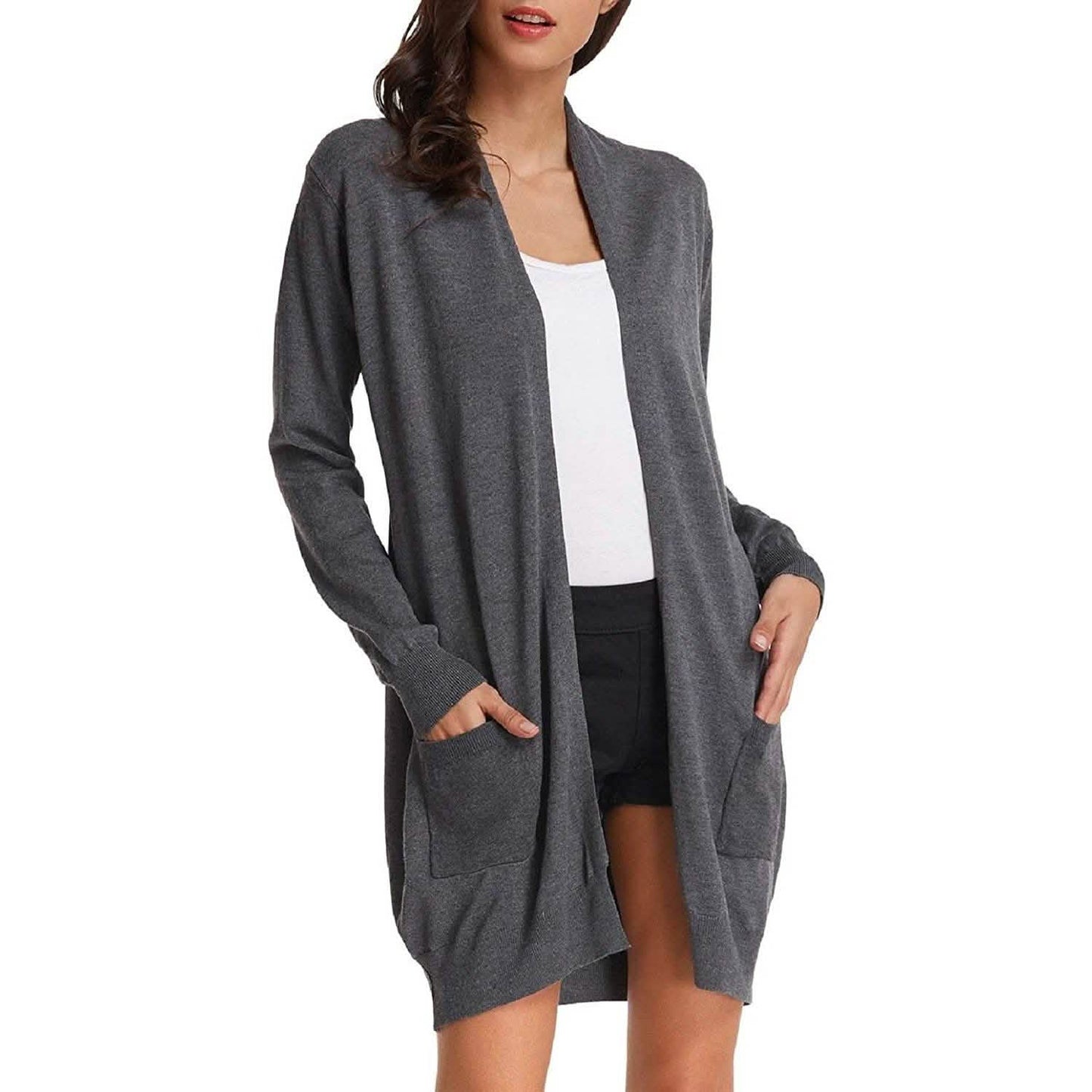 Damen Basic Unifarben Offene Lange Strickjacke