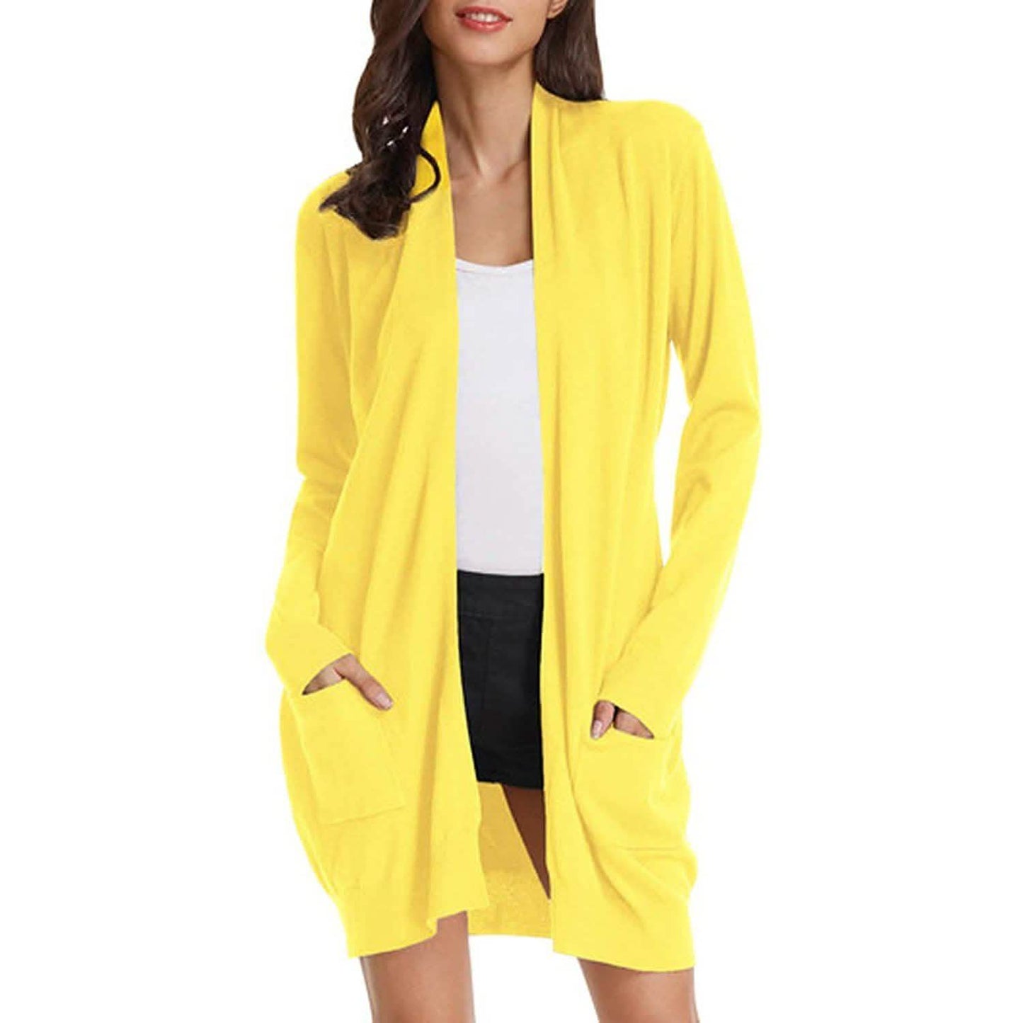 Damen Basic Unifarben Offene Lange Strickjacke