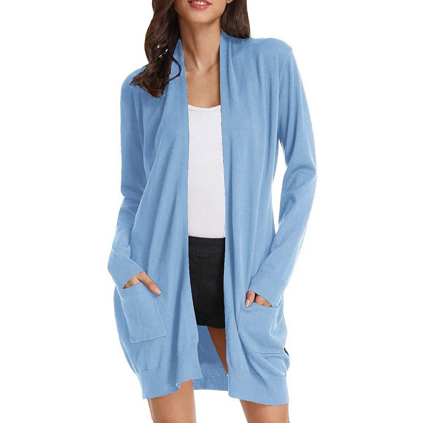 Damen Basic Unifarben Offene Lange Strickjacke