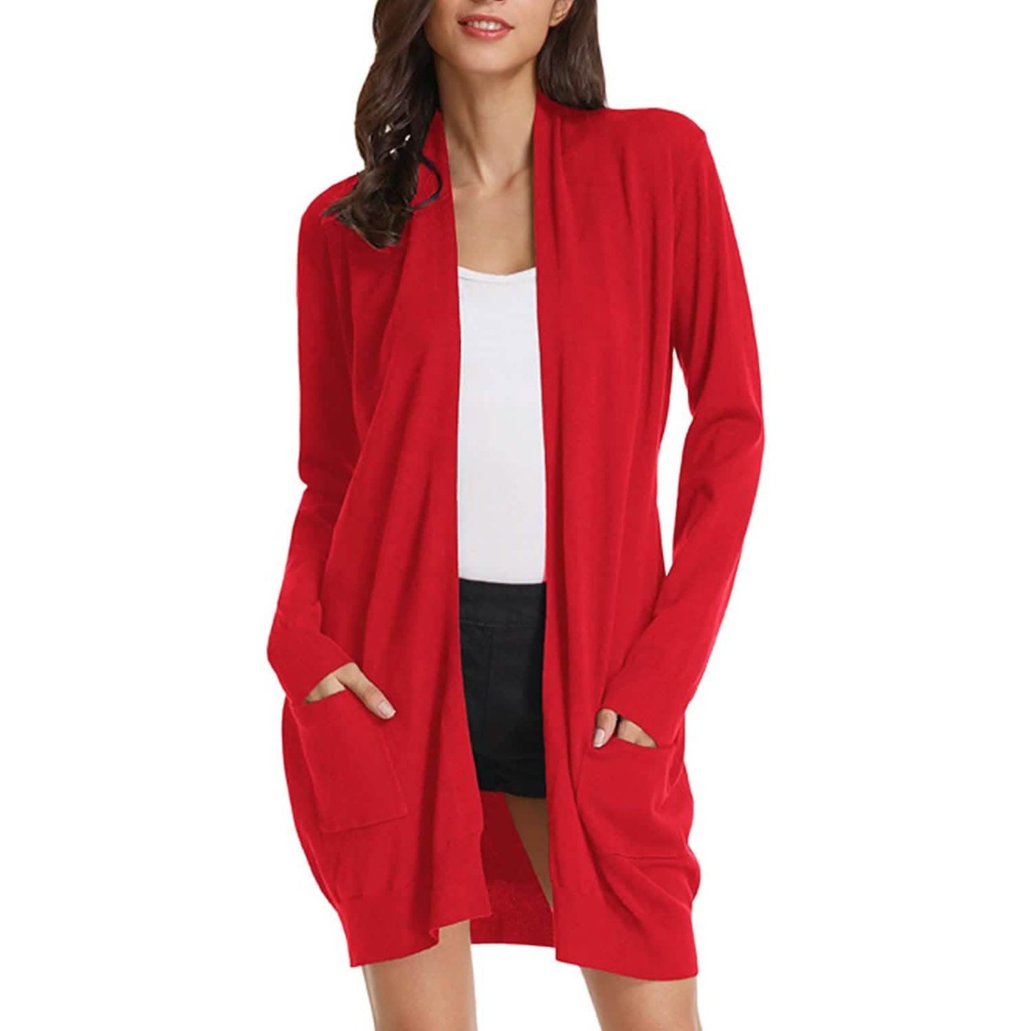 Damen Basic Unifarben Offene Lange Strickjacke