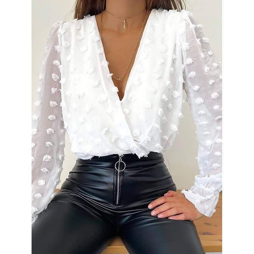 Damen Ösen-Oberteil Spitze V-Ausschnitt Basic Tops Schmal