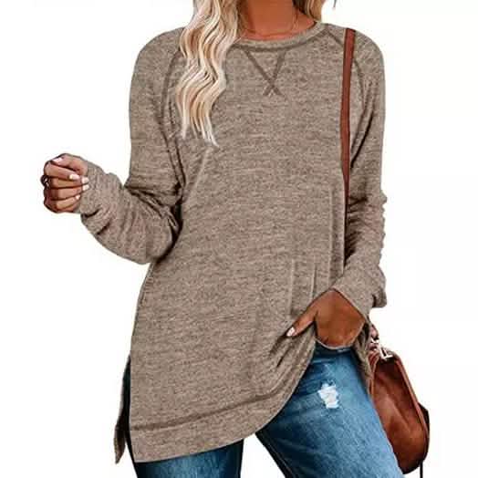 Damen Herbst Langarm Seitenschlitz Locker Lässig Pullover Tunika-Oberteile