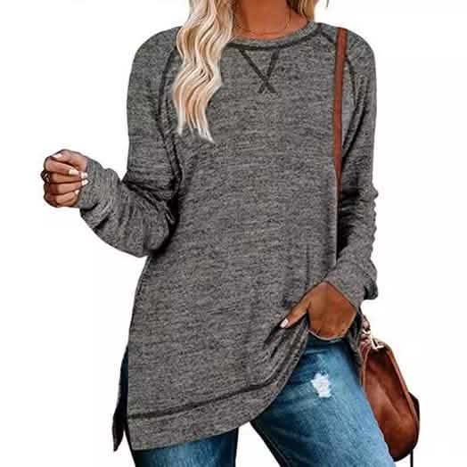 Damen Herbst Langarm Seitenschlitz Locker Lässig Pullover Tunika-Oberteile
