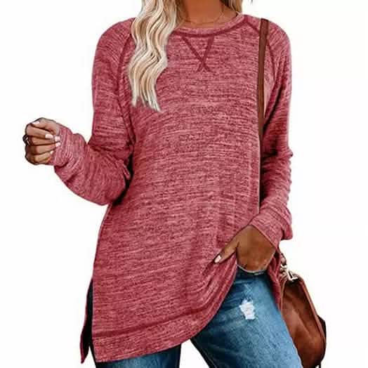 Damen Herbst Langarm Seitenschlitz Locker Lässig Pullover Tunika-Oberteile