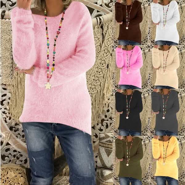 Damenmode Herbst und Winter Langarm Strickpullover Einfarbige Warme Pullover Tops