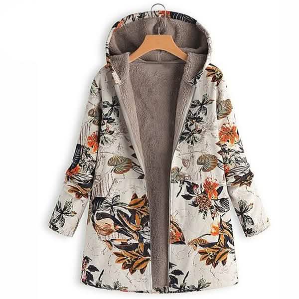 Damenmode Blättermuster Blumendruck Flauschige Pelzkapuze Langarm Vintage Freizeitmantel