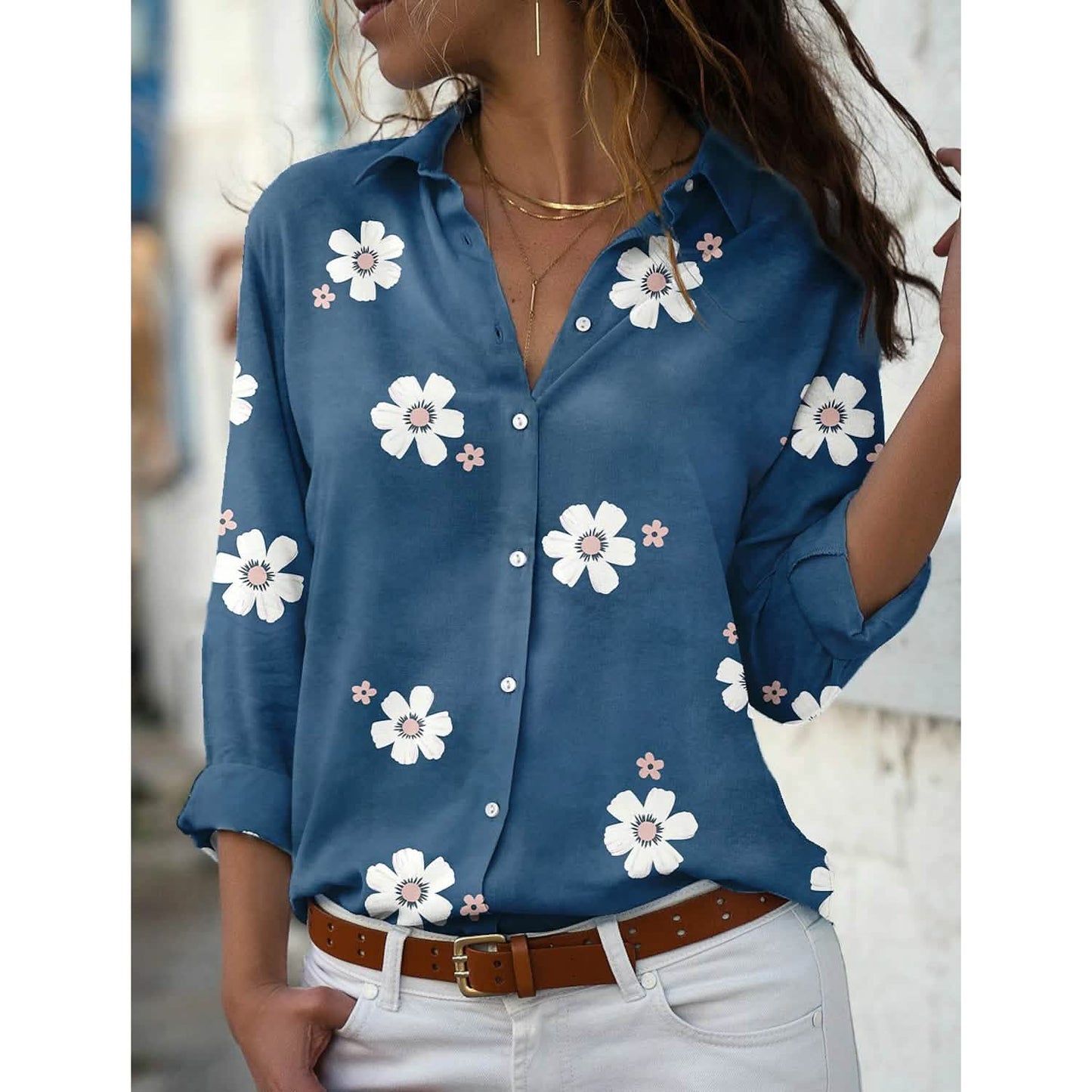 Damen-Blusentop mit Blumenmuster und Knöpfen