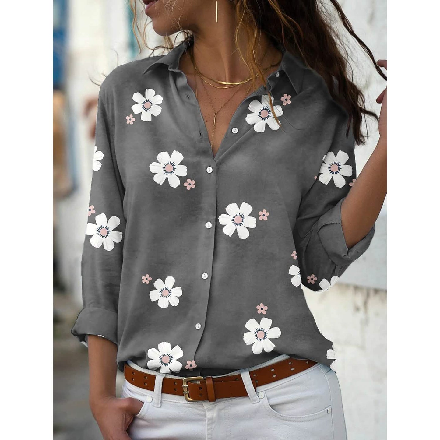 Damen-Blusentop mit Blumenmuster und Knöpfen