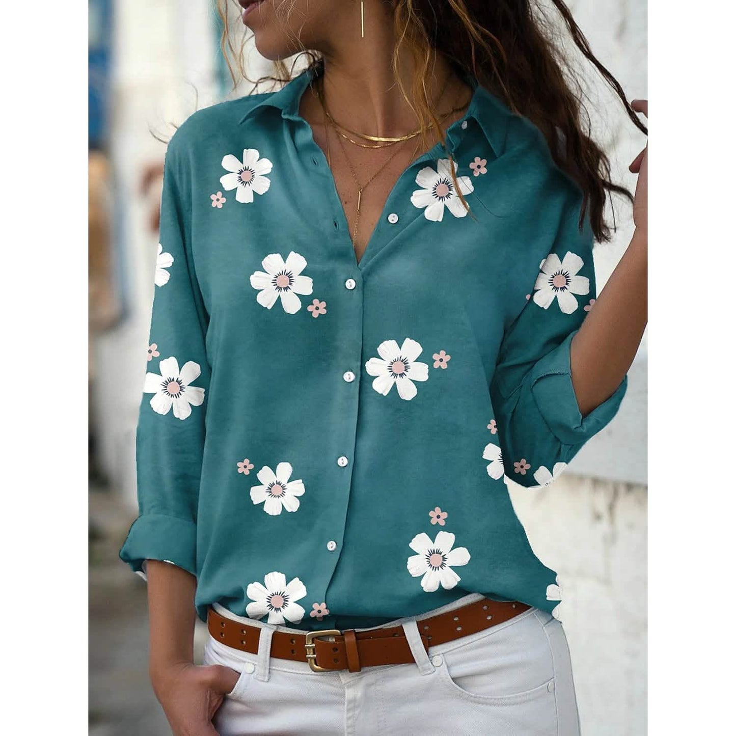 Damen-Blusentop mit Blumenmuster und Knöpfen