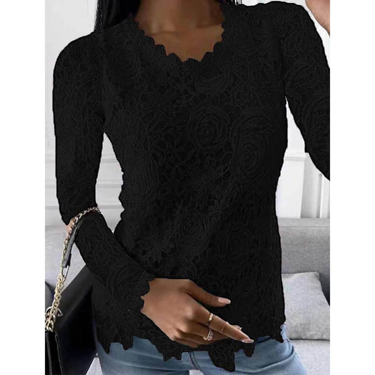 Damen Bluse Langarm Spitze Blumenmuster