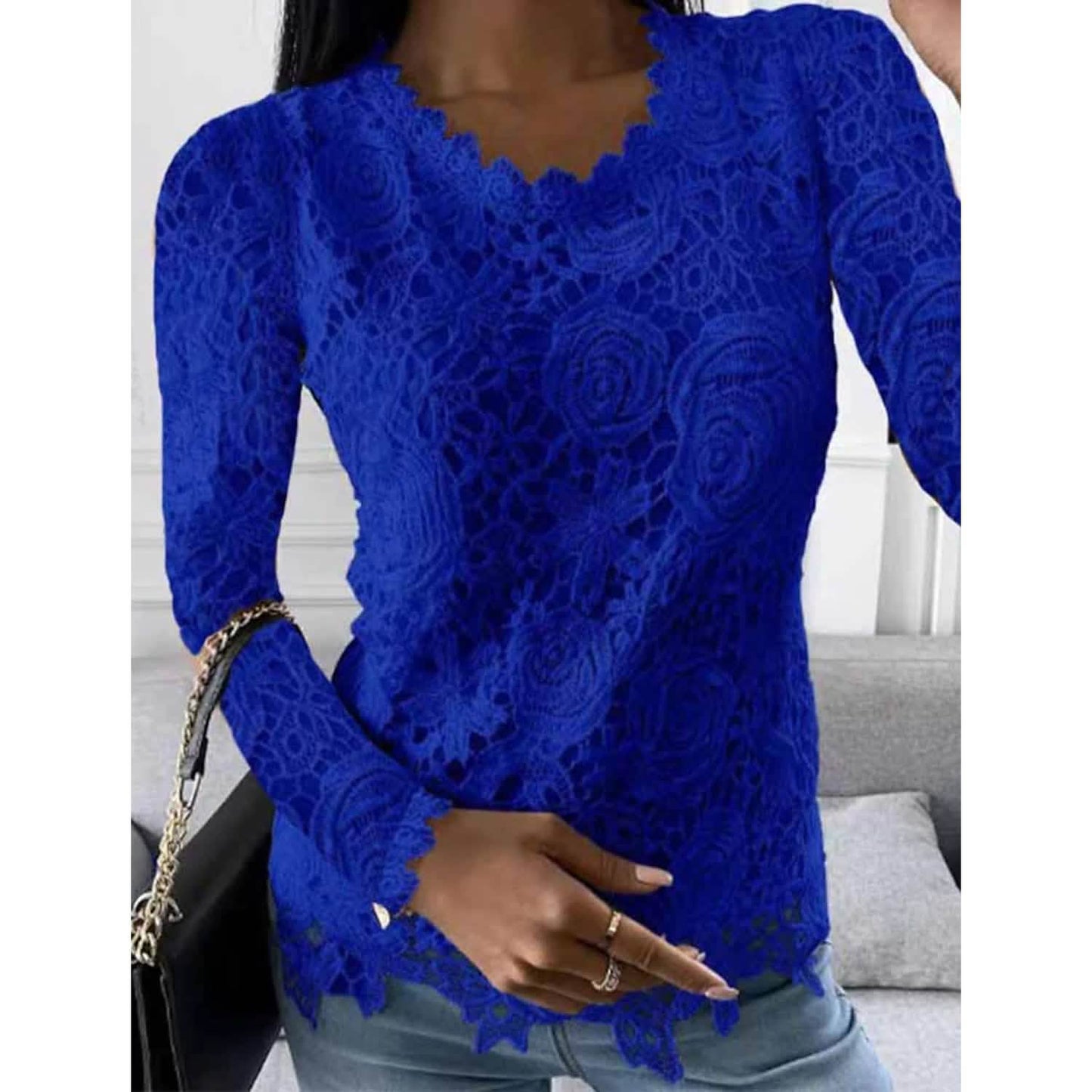 Damen Bluse Langarm Spitze Blumenmuster